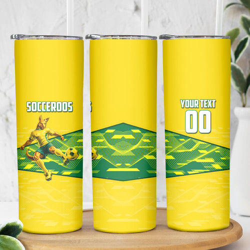 Personalized Socceroos Mascot Skinny Tumbler Australian Football Player Dynamic Green Yellow Sports Art