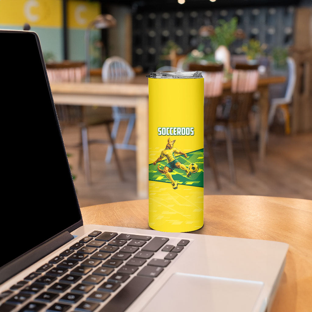 Personalized Socceroos Mascot Skinny Tumbler Australian Football Player Dynamic Green Yellow Sports Art