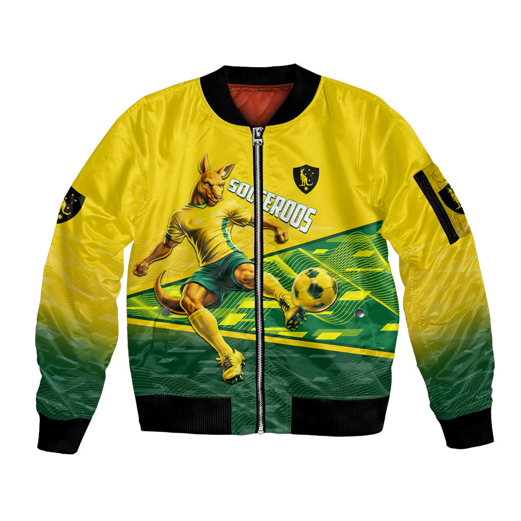 Personalized Socceroos Mascot Sleeve Zip Bomber Jacket Australian Football Player Dynamic Green Yellow Sports Art