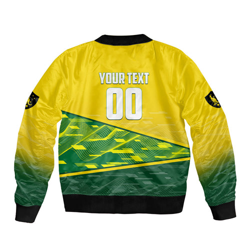 Personalized Socceroos Mascot Sleeve Zip Bomber Jacket Australian Football Player Dynamic Green Yellow Sports Art