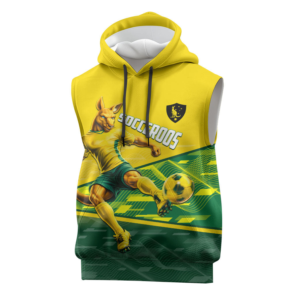 Personalized Socceroos Mascot Sleeveless Hoodie Australian Football Player Dynamic Green Yellow Sports Art