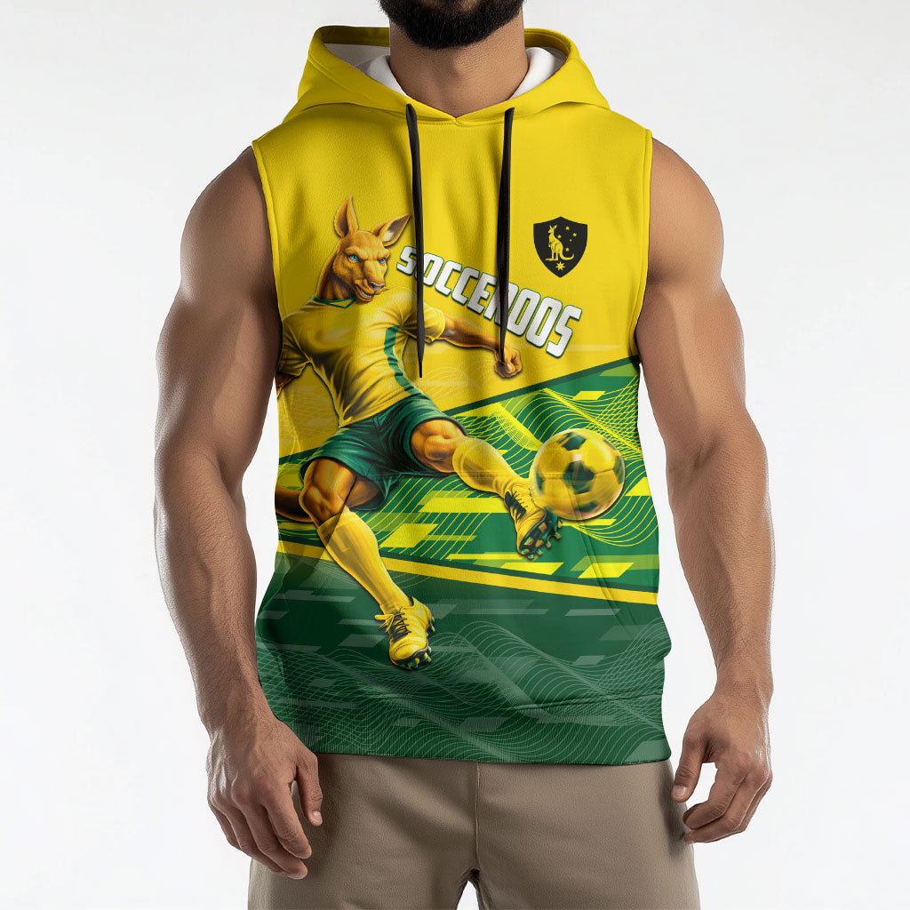 Personalized Socceroos Mascot Sleeveless Hoodie Australian Football Player Dynamic Green Yellow Sports Art