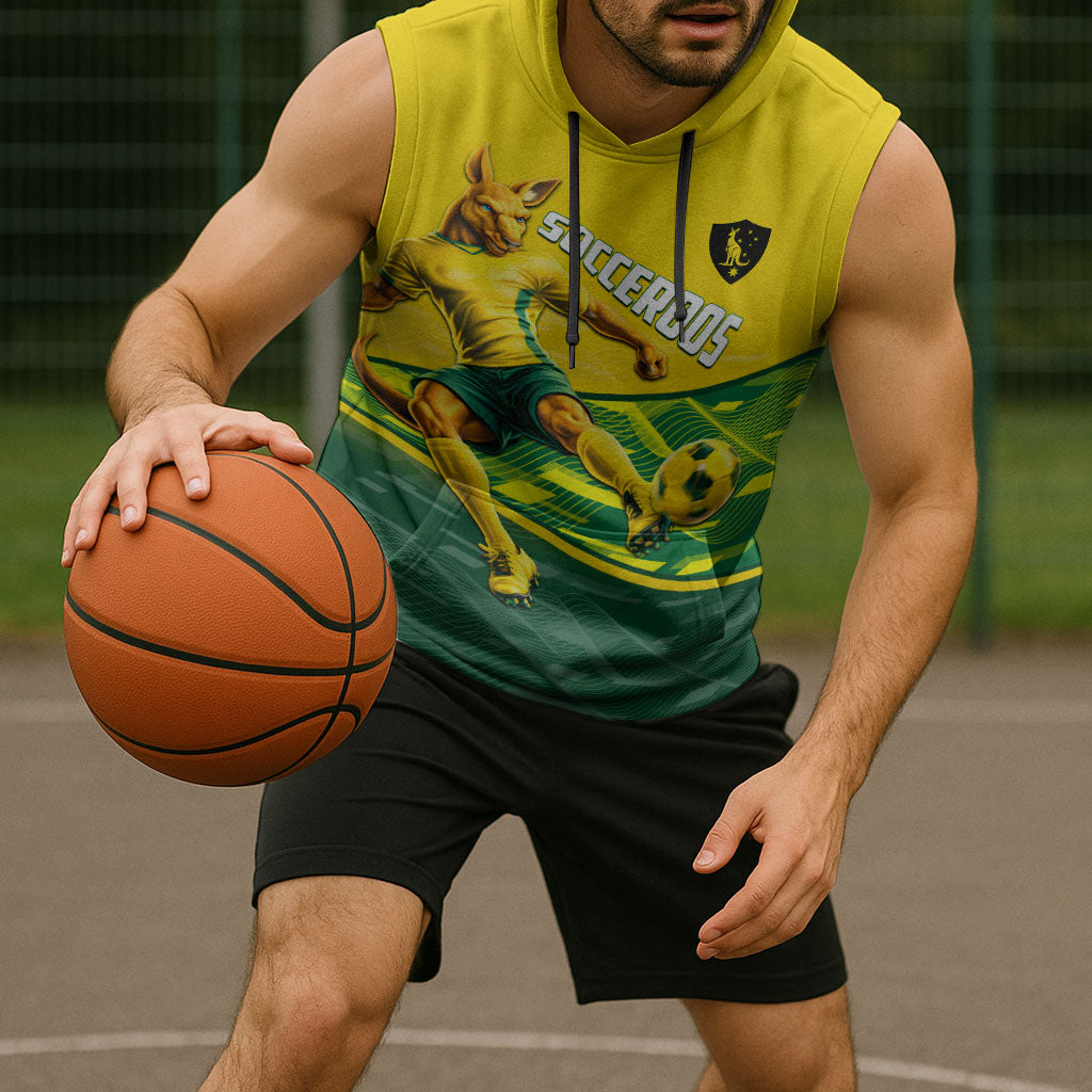 Personalized Socceroos Mascot Sleeveless Hoodie Australian Football Player Dynamic Green Yellow Sports Art