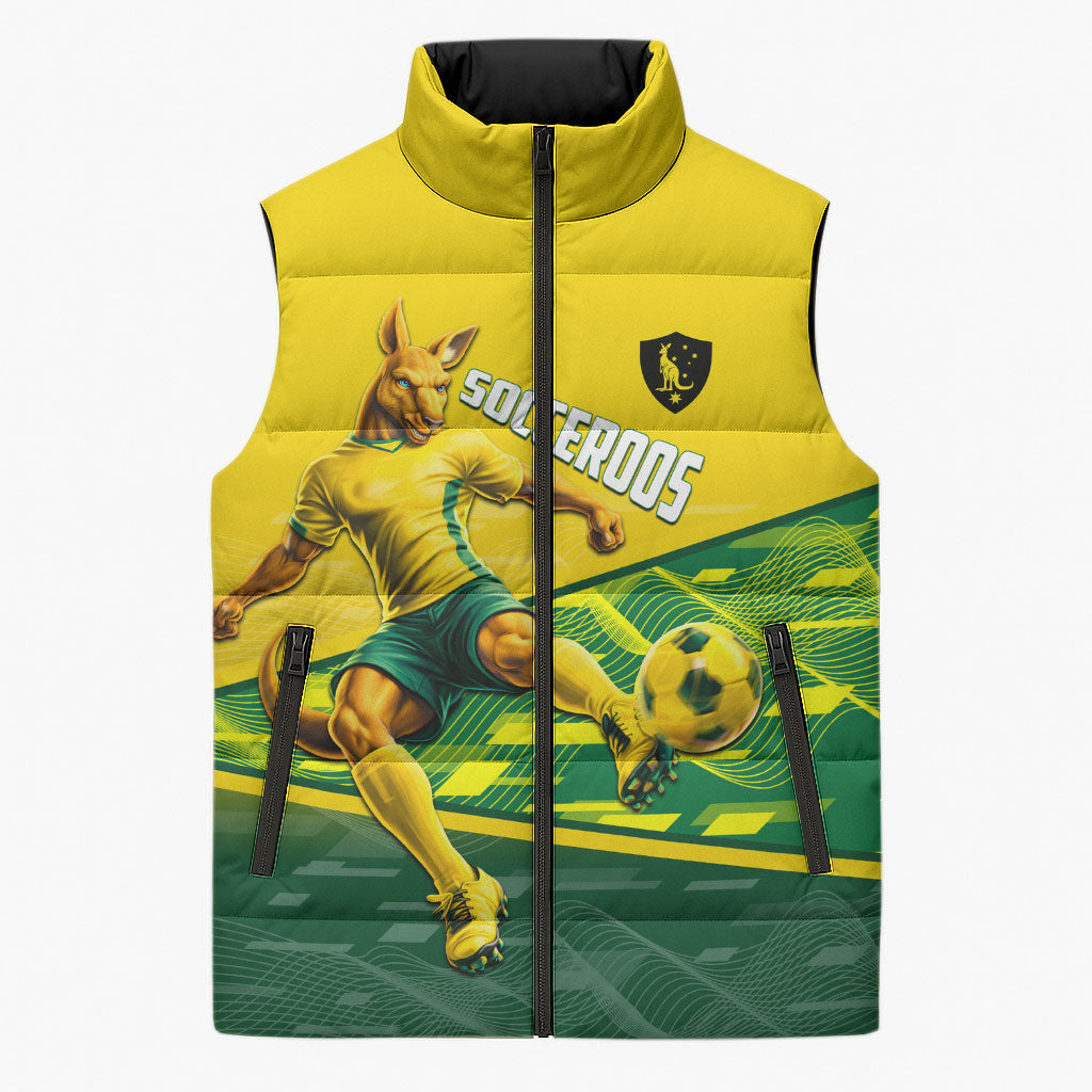 Personalized Socceroos Mascot Sleeveless Puffer Jacket Australian Football Player Dynamic Green Yellow Sports Art