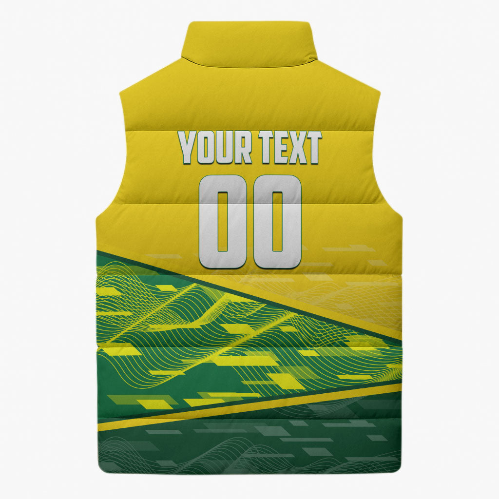 Personalized Socceroos Mascot Sleeveless Puffer Jacket Australian Football Player Dynamic Green Yellow Sports Art