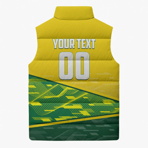 Personalized Socceroos Mascot Sleeveless Puffer Jacket Australian Football Player Dynamic Green Yellow Sports Art