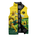 Personalized Socceroos Mascot Sleeveless Puffer Jacket Australian Football Player Dynamic Green Yellow Sports Art