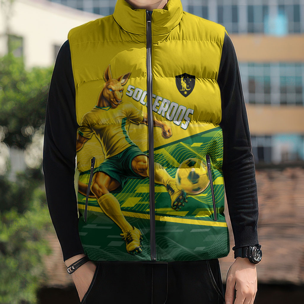 Personalized Socceroos Mascot Sleeveless Puffer Jacket Australian Football Player Dynamic Green Yellow Sports Art