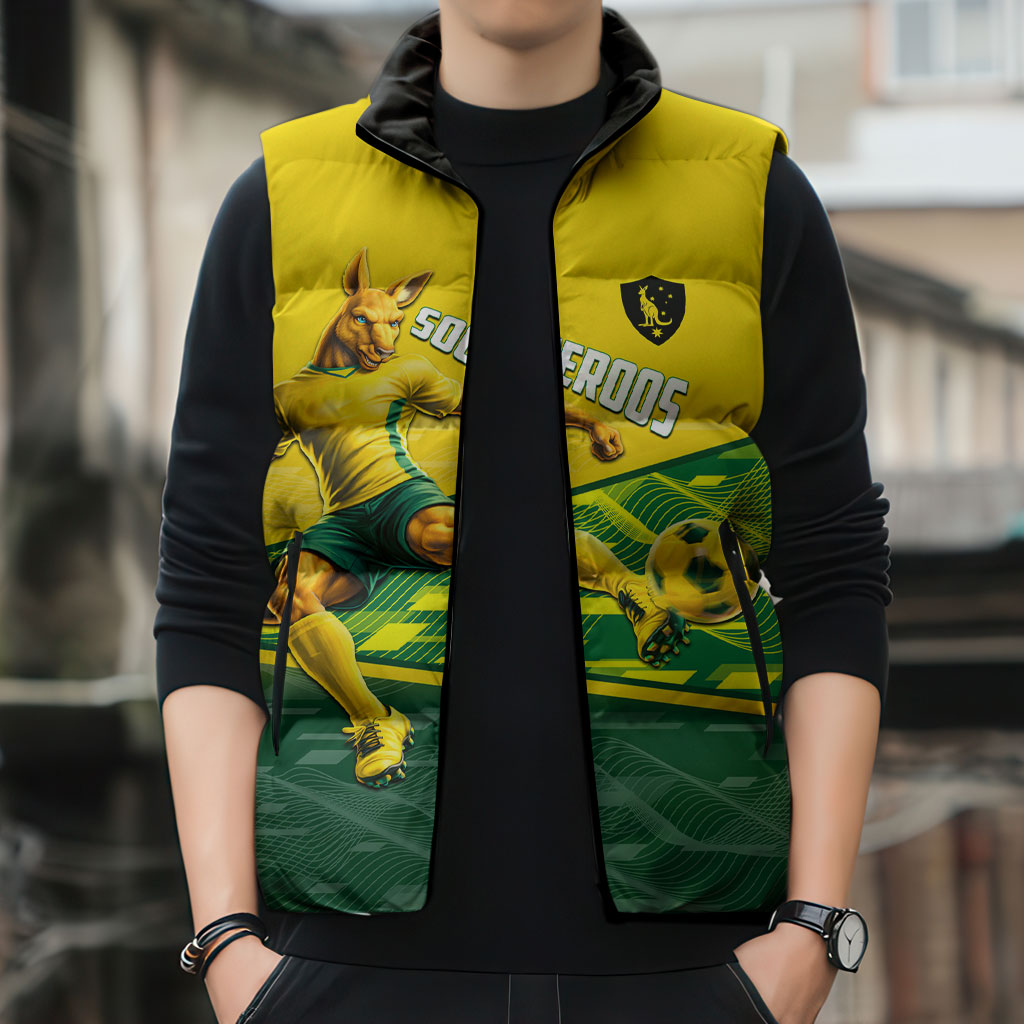 Personalized Socceroos Mascot Sleeveless Puffer Jacket Australian Football Player Dynamic Green Yellow Sports Art