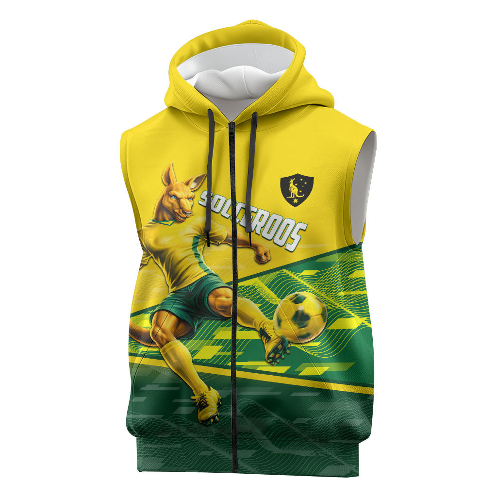 Personalized Socceroos Mascot Sleeveless Zip Hoodie Australian Football Player Dynamic Green Yellow Sports Art