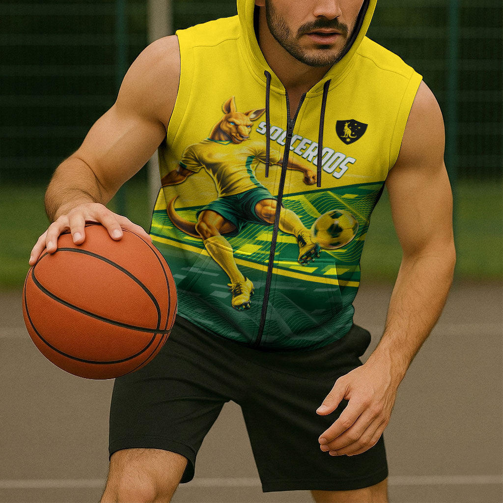 Personalized Socceroos Mascot Sleeveless Zip Hoodie Australian Football Player Dynamic Green Yellow Sports Art