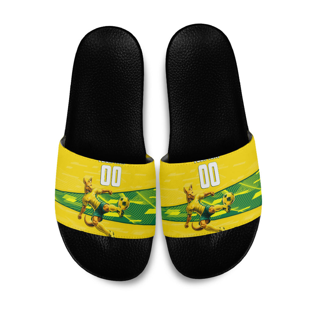 Personalized Socceroos Mascot Slide Sandals Australian Football Player Dynamic Green Yellow Sports Art