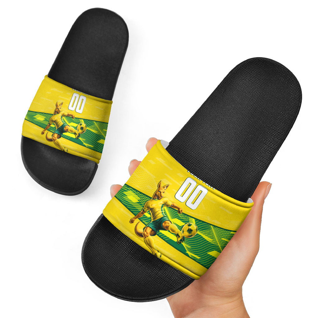 Personalized Socceroos Mascot Slide Sandals Australian Football Player Dynamic Green Yellow Sports Art