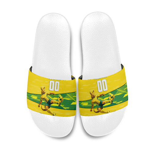 Personalized Socceroos Mascot Slide Sandals Australian Football Player Dynamic Green Yellow Sports Art