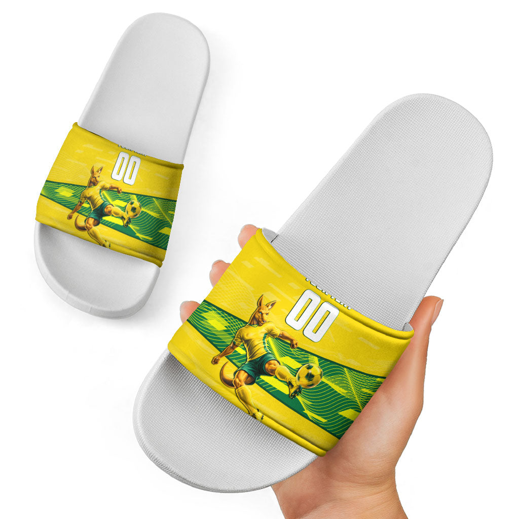 Personalized Socceroos Mascot Slide Sandals Australian Football Player Dynamic Green Yellow Sports Art