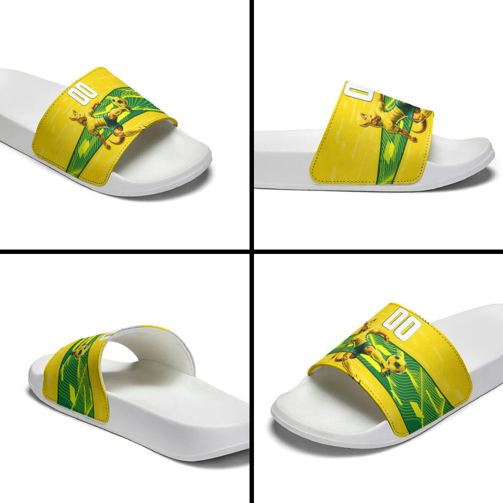Personalized Socceroos Mascot Slide Sandals Australian Football Player Dynamic Green Yellow Sports Art