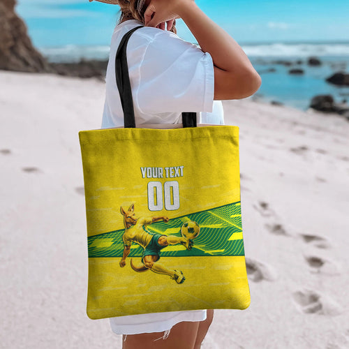 Personalized Socceroos Mascot Tote Bag Australian Football Player Dynamic Green Yellow Sports Art