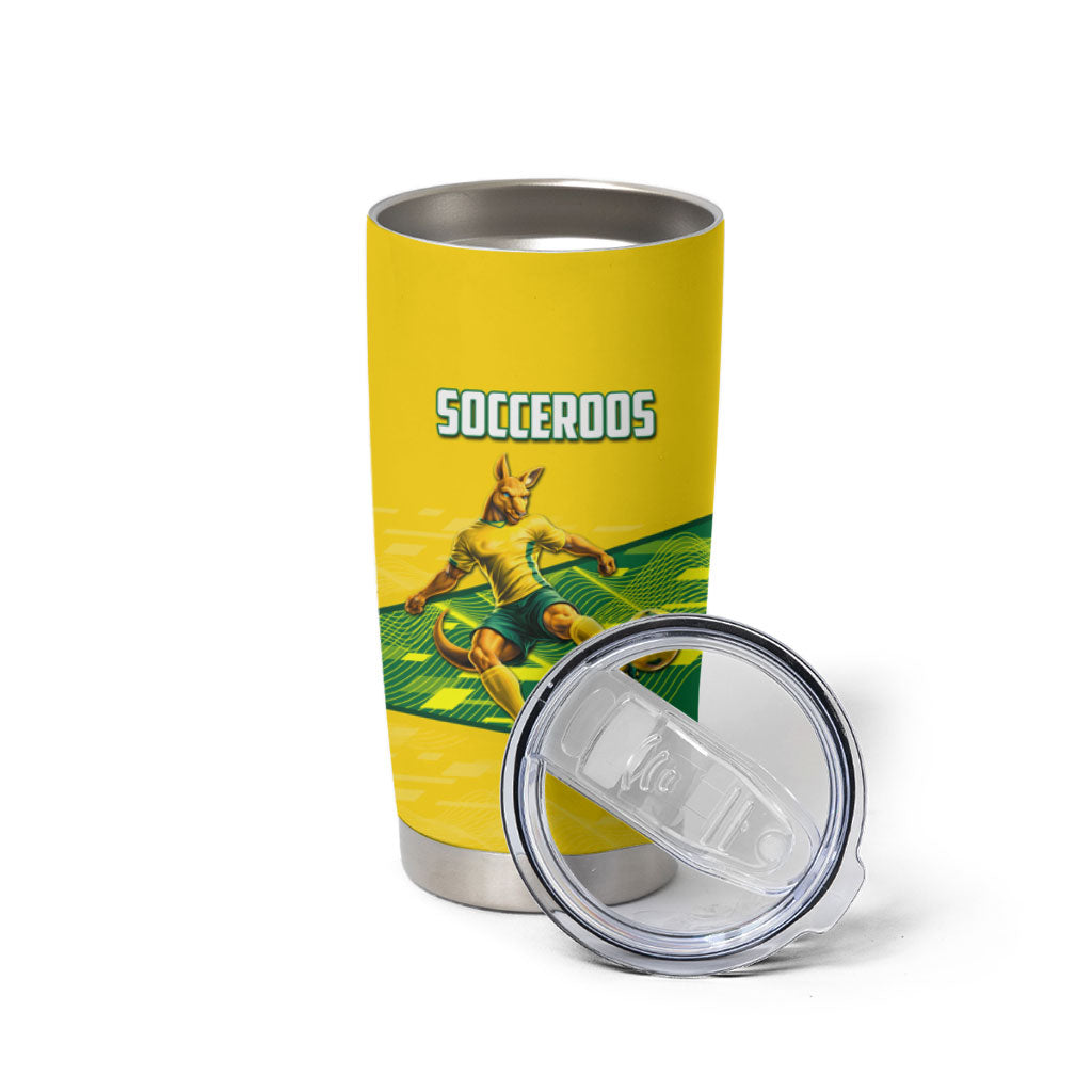 Personalized Socceroos Mascot Tumbler Cup Australian Football Player Dynamic Green Yellow Sports Art