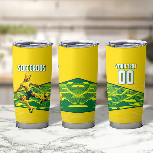 Personalized Socceroos Mascot Tumbler Cup Australian Football Player Dynamic Green Yellow Sports Art