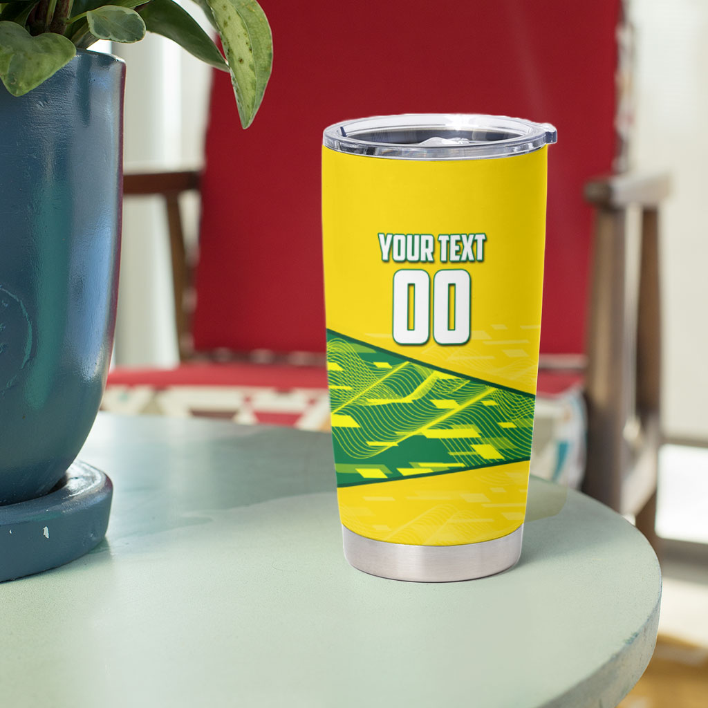 Personalized Socceroos Mascot Tumbler Cup Australian Football Player Dynamic Green Yellow Sports Art
