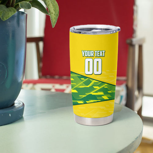 Personalized Socceroos Mascot Tumbler Cup Australian Football Player Dynamic Green Yellow Sports Art