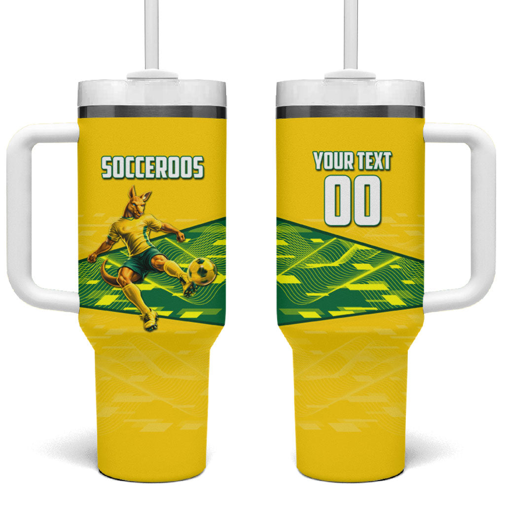 Personalized Socceroos Mascot Tumbler With Handle Australian Football Player Dynamic Green Yellow Sports Art