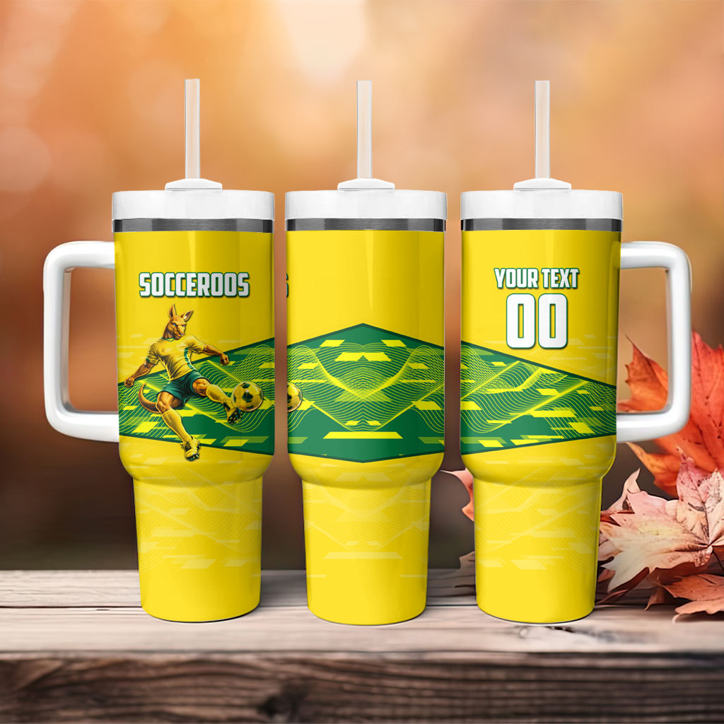 Personalized Socceroos Mascot Tumbler With Handle Australian Football Player Dynamic Green Yellow Sports Art