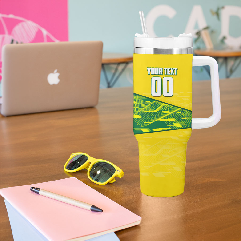 Personalized Socceroos Mascot Tumbler With Handle Australian Football Player Dynamic Green Yellow Sports Art