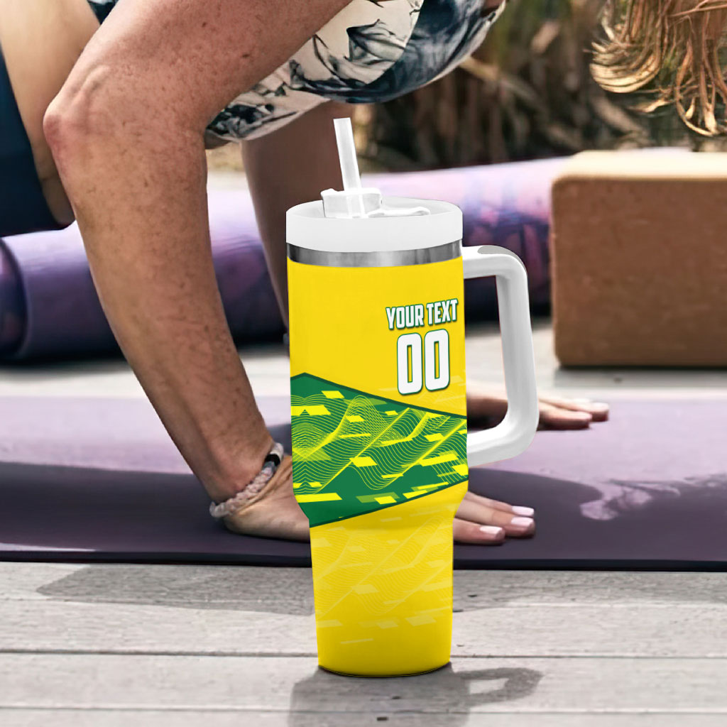 Personalized Socceroos Mascot Tumbler With Handle Australian Football Player Dynamic Green Yellow Sports Art