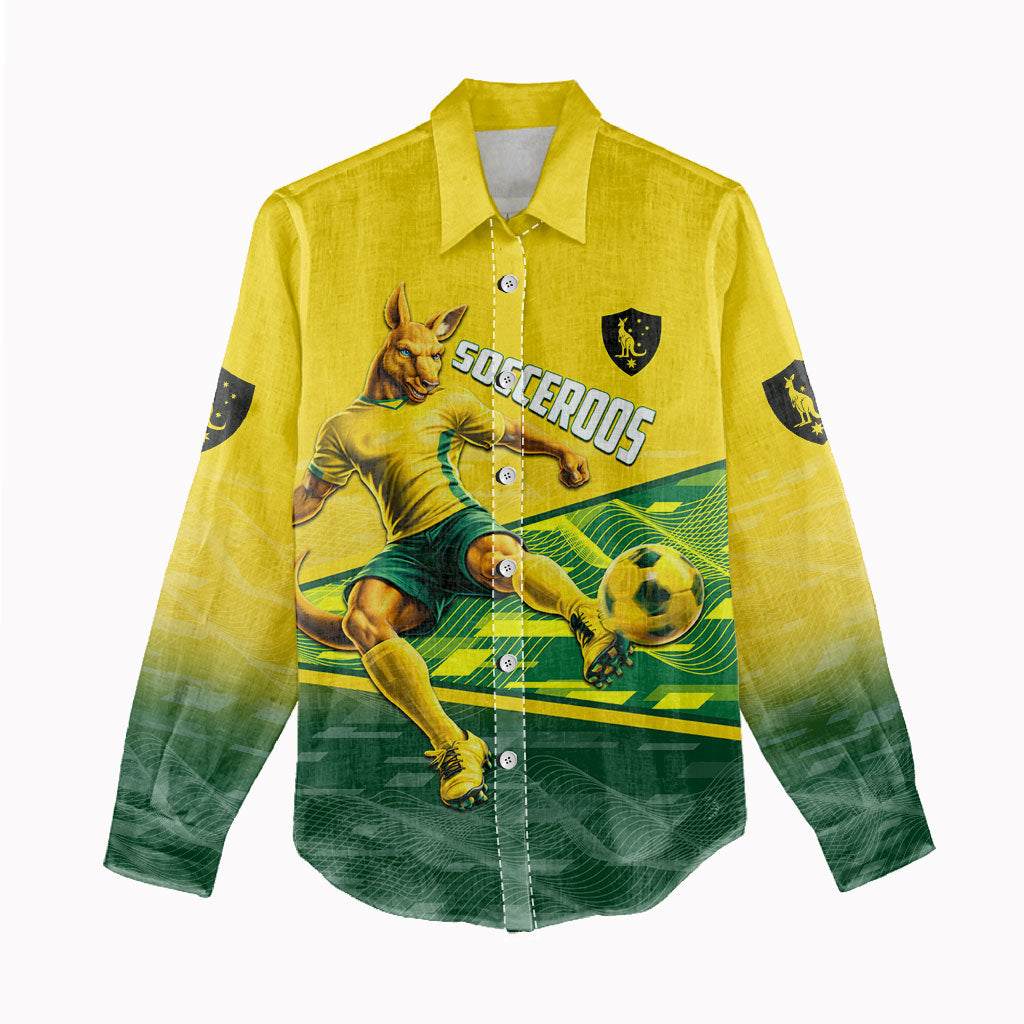 Personalized Socceroos Mascot Women Casual Shirt Australian Football Player Dynamic Green Yellow Sports Art