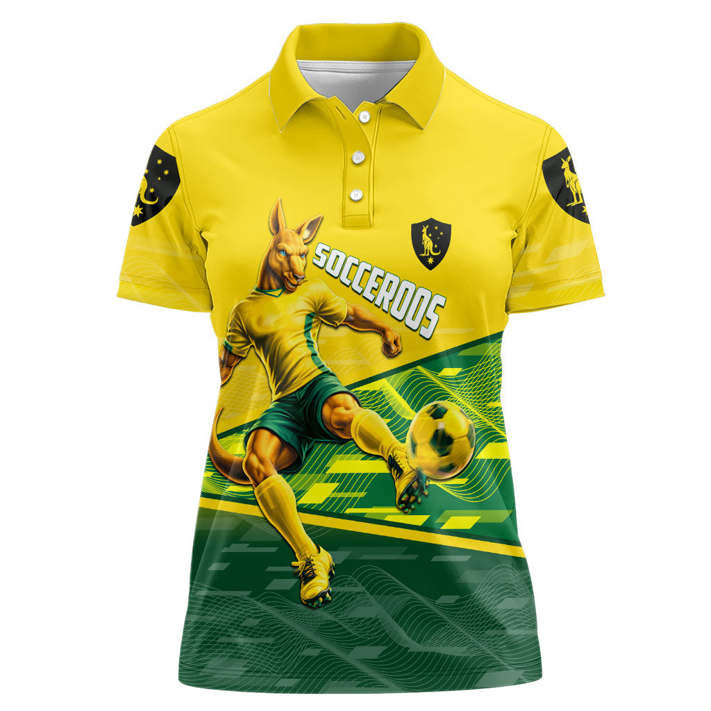 Personalized Socceroos Mascot Women Polo Shirt Australian Football Player Dynamic Green Yellow Sports Art