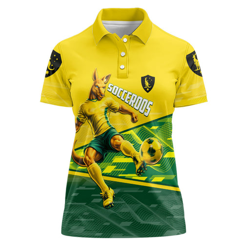 Personalized Socceroos Mascot Women Polo Shirt Australian Football Player Dynamic Green Yellow Sports Art
