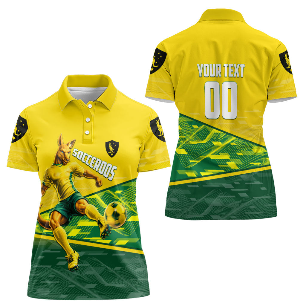 Personalized Socceroos Mascot Women Polo Shirt Australian Football Player Dynamic Green Yellow Sports Art