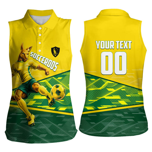 Personalized Socceroos Mascot Women Sleeveless Polo Shirt Australian Football Player Dynamic Green Yellow Sports Art