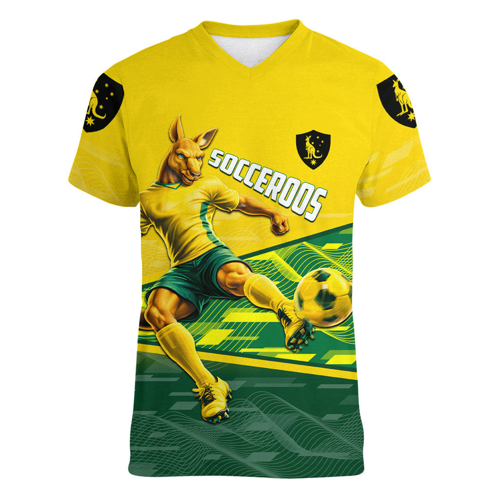 Personalized Socceroos Mascot Women V-Neck T-Shirt Australian Football Player Dynamic Green Yellow Sports Art