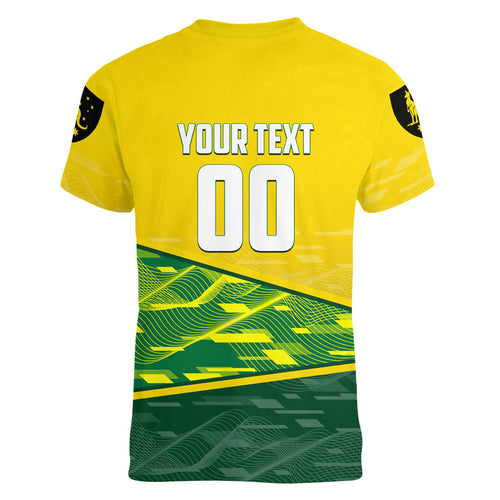 Personalized Socceroos Mascot Women V-Neck T-Shirt Australian Football Player Dynamic Green Yellow Sports Art