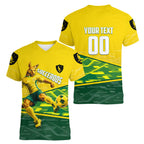 Personalized Socceroos Mascot Women V-Neck T-Shirt Australian Football Player Dynamic Green Yellow Sports Art