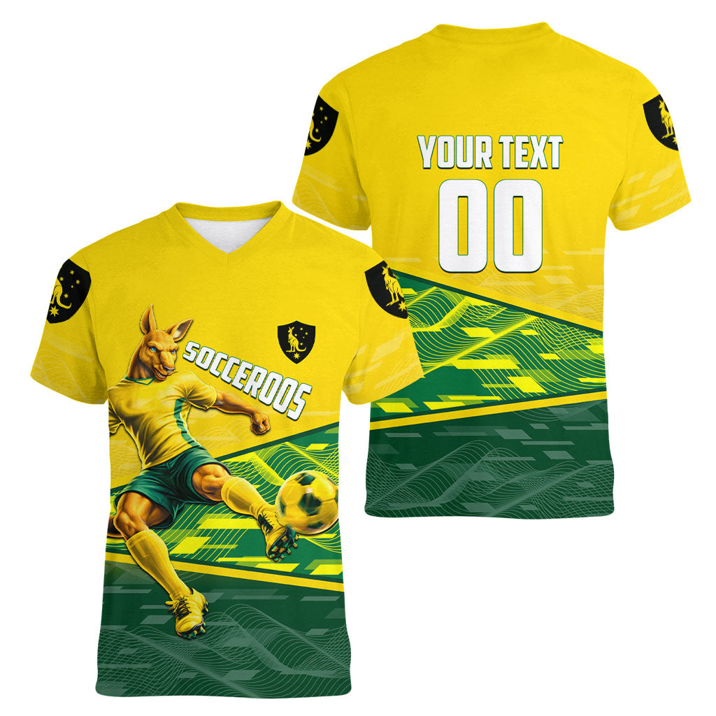 Personalized Socceroos Mascot Women V-Neck T-Shirt Australian Football Player Dynamic Green Yellow Sports Art