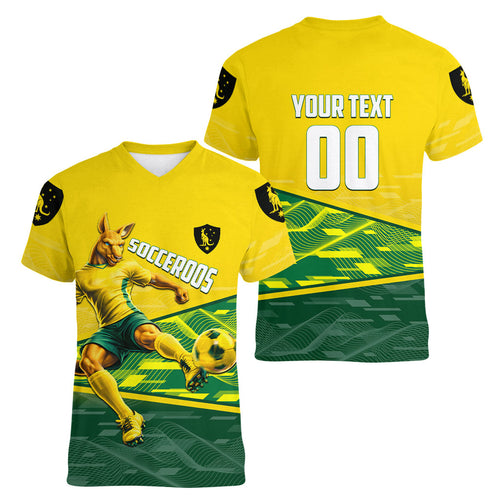 Personalized Socceroos Mascot Women V-Neck T-Shirt Australian Football Player Dynamic Green Yellow Sports Art