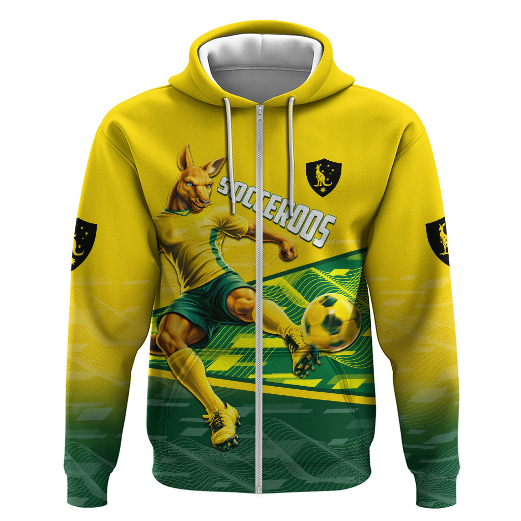 Personalized Socceroos Mascot Zip Hoodie Australian Football Player Dynamic Green Yellow Sports Art