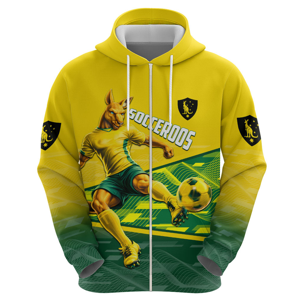 Personalized Socceroos Mascot Zip Hoodie Australian Football Player Dynamic Green Yellow Sports Art