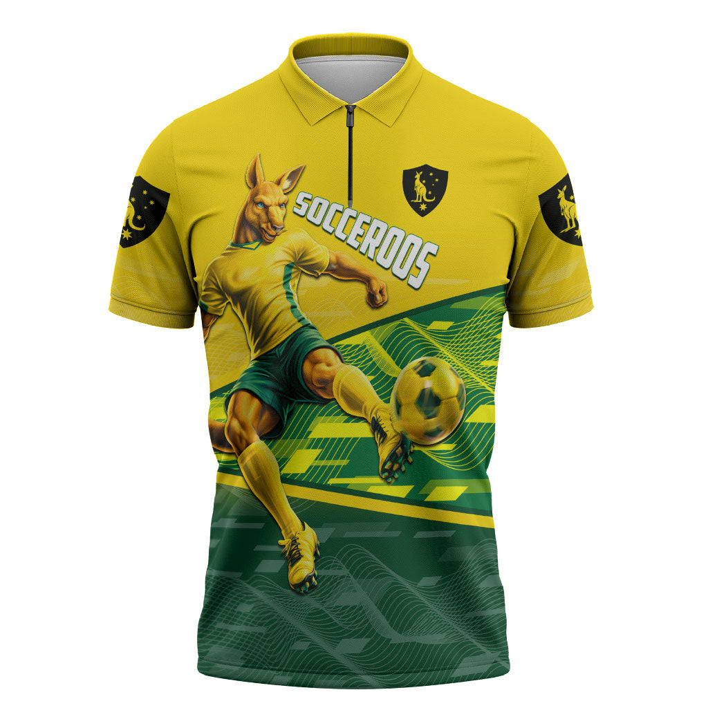 Personalized Socceroos Mascot Zipper Polo Shirt Australian Football Player Dynamic Green Yellow Sports Art