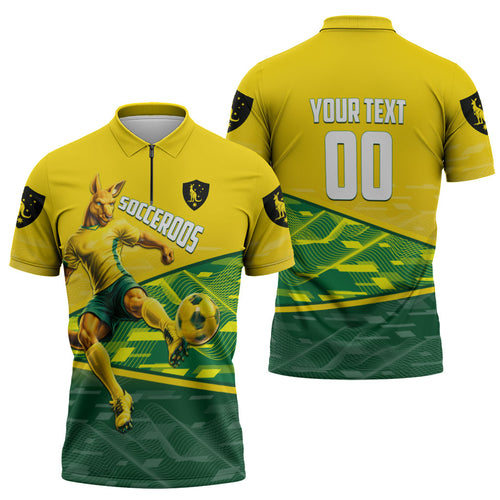 Personalized Socceroos Mascot Zipper Polo Shirt Australian Football Player Dynamic Green Yellow Sports Art