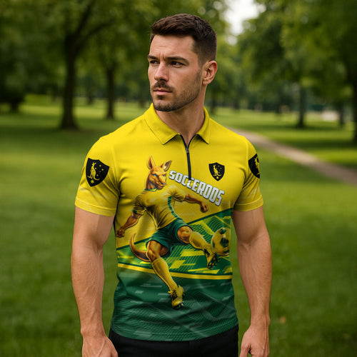 Personalized Socceroos Mascot Zipper Polo Shirt Australian Football Player Dynamic Green Yellow Sports Art