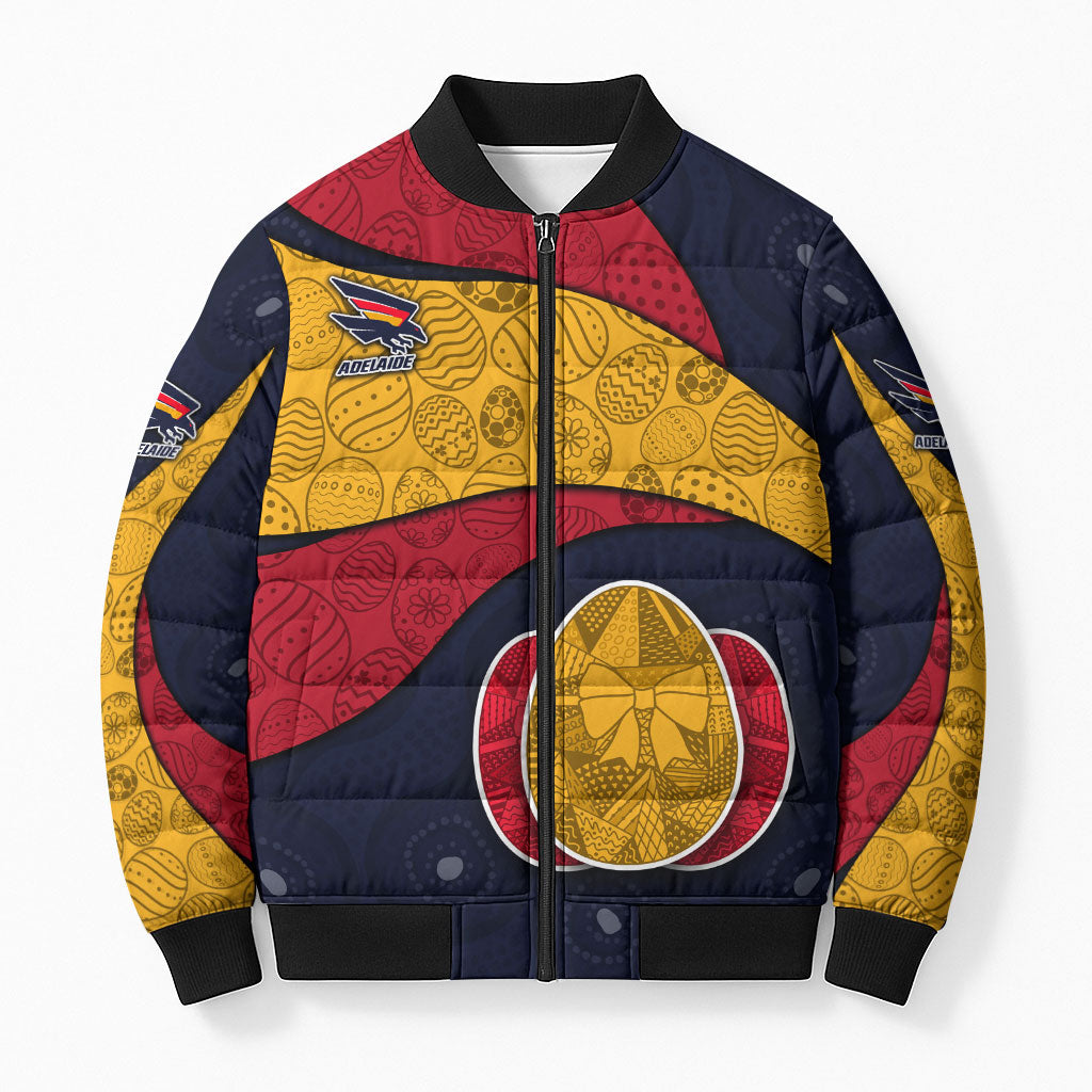 Personalized Adelaide Football Bomber Puffer Jacket Easter Egg Pattern Red Blue Tribal Dot Art Style
