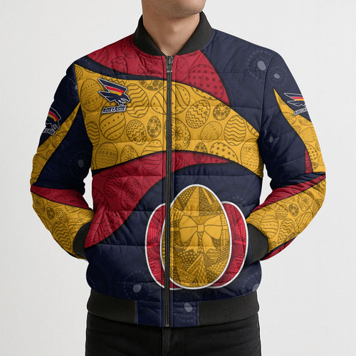 Personalized Adelaide Football Bomber Puffer Jacket Easter Egg Pattern Red Blue Tribal Dot Art Style
