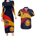 Personalized Adelaide Football Couples Matching Long Sleeve Bodycon Dress and Hawaiian Shirt Easter Egg Pattern Red Blue Tribal Dot Art Style