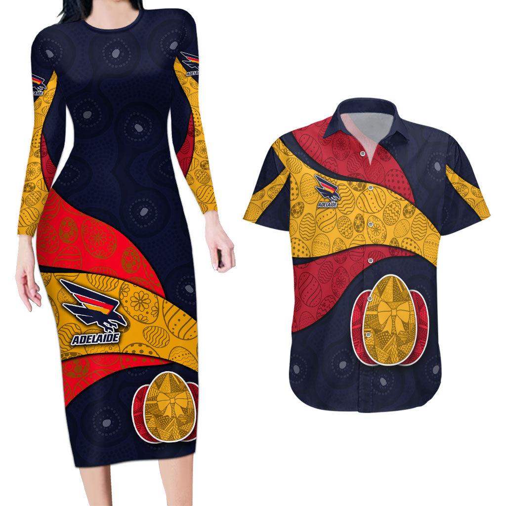 Personalized Adelaide Football Couples Matching Long Sleeve Bodycon Dress and Hawaiian Shirt Easter Egg Pattern Red Blue Tribal Dot Art Style