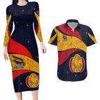 Personalized Adelaide Football Couples Matching Long Sleeve Bodycon Dress and Hawaiian Shirt Easter Egg Pattern Red Blue Tribal Dot Art Style