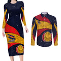 Personalized Adelaide Football Couples Matching Long Sleeve Bodycon Dress and Long Sleeve Button Shirt Easter Egg Pattern Red Blue Tribal Dot Art Style